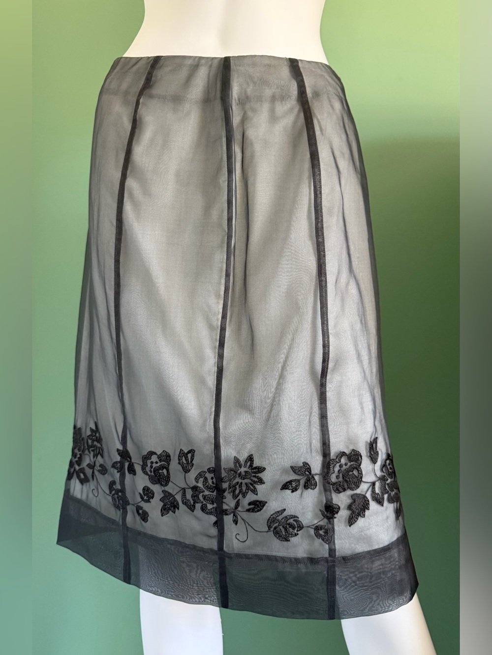 Vintage Dana Buchman Black Sheer Mesh Silk Midi Skirt with Floral Embroidery